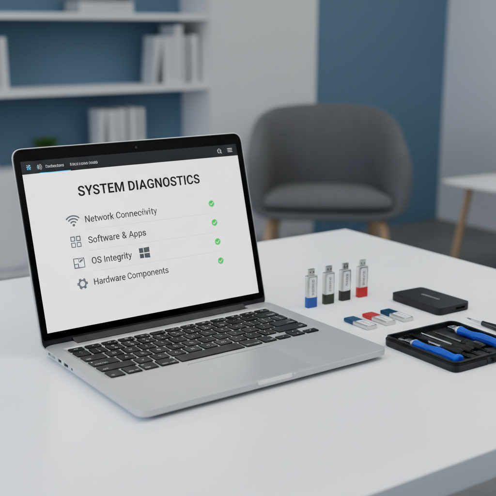 A close-up photographic view of a modern laptop open on a clean white desk, its screen showing a clear step-by-step troubleshooting checklist with icons for Wi-Fi, apps, operating systems, and hardware. Beside the laptop, a neatly arranged row of labeled USB drives, a compact external SSD, and a small toolkit with precision screwdrivers rest on the surface. Cool, diffused daylight from an unseen window illuminates the scene, creating soft reflections on the metallic laptop body. The background gently blurs into a neutral office setting with subtle blue accents. Captured with shallow depth of field and a professional, trustworthy mood, the composition emphasizes clarity, organization, and transparent technical support processes.