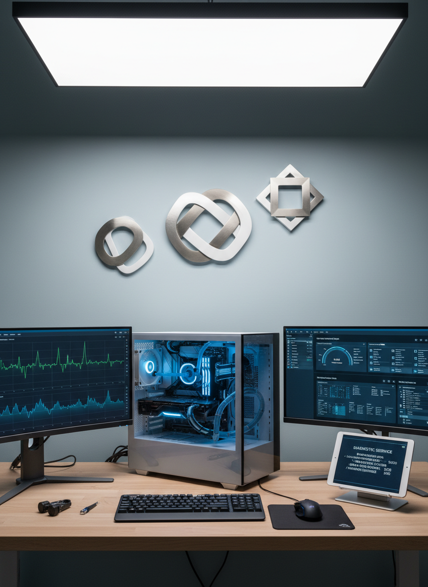 A wide photographic shot of a dedicated technical diagnostics station featuring a high-end desktop tower with a tempered glass side panel revealing orderly cable management and soft blue internal LED lighting. Two widescreen monitors show network performance graphs and system health dashboards, while a tablet on a stand displays a transparent pricing breakdown for a $20 booking fee and follow-up services. The station sits on a light oak desk against a muted blue wall with minimalistic geometric decor. Overhead, gentle, even studio lighting creates a clean, shadow-free environment. The mood is confident and professional, with a balanced composition that showcases the tools and clarity of a modern technical support service.