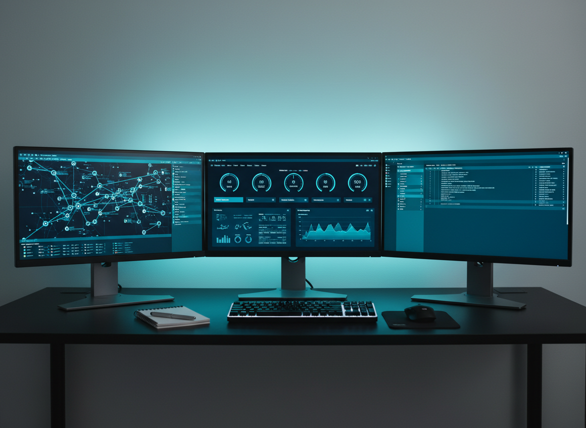 A sleek, modern technical support workspace featuring three ultra-thin 4K monitors displaying clean system dashboards, network status maps, and application diagnostics in shades of blue and teal. The monitors sit on a tidy matte-black desk with a minimalist mechanical keyboard, wireless mouse, and a small notepad with a neatly placed pen. Soft, cool-toned LED strip lighting glows behind the monitors, creating a subtle halo on a smooth grey wall. The photographic realism shot is framed at eye level with a slight angle, sharp focus throughout, and a calm, professional atmosphere that conveys reliability, precision, and organized problem-solving for a technical support service.